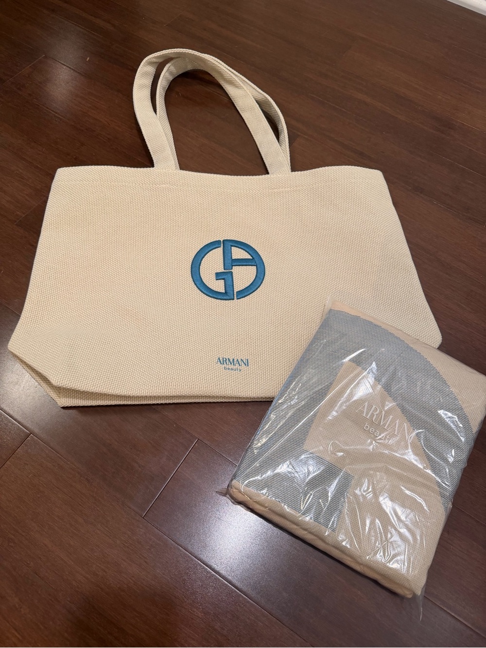 Giorgio Armani Beige Canvas Tote and beach blanket set with Blue Logo
